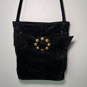 Black Suede Shoulder Bag Purse Gold Studded Buckle Magnetic Closure Isabel USA